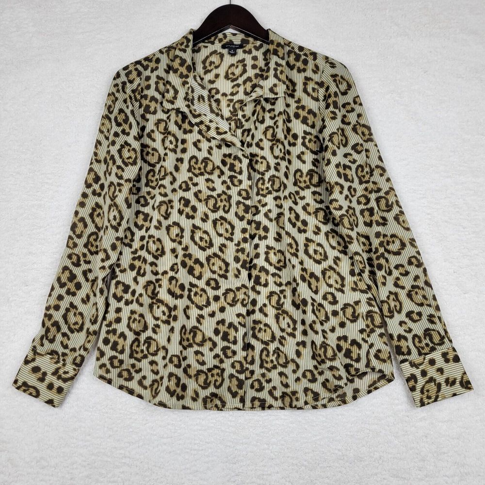 Ann Taylor Shirt Womens 4 Small Brown Animal Print Long Sleeve Button Up Flowy